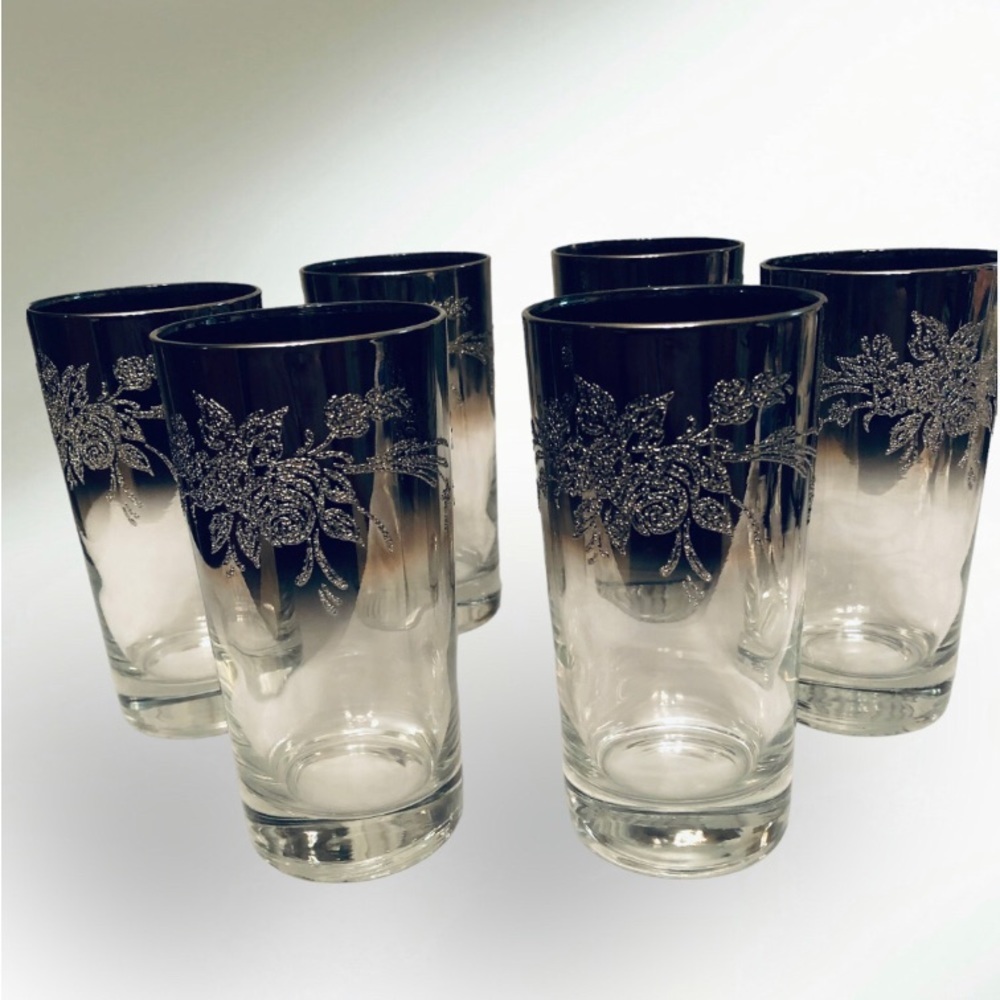 1970s Vitreon Queen’s Lustreware 6 Silver Platinum Mirror OmbreHighball Glasses - Picture 10 of 11